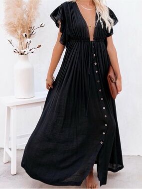 Vici Black Button-Front Maxi Dress with Flutter Sleeves